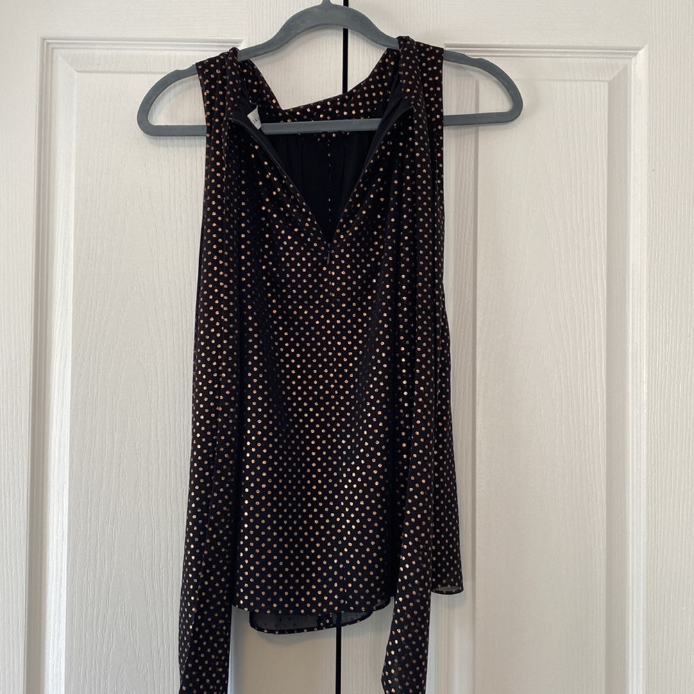NWT Jason Wu Black & Gold Polka Dot Tie-Back Blouse | Draped Neck Sleeveless Top - Picture 7 of 11